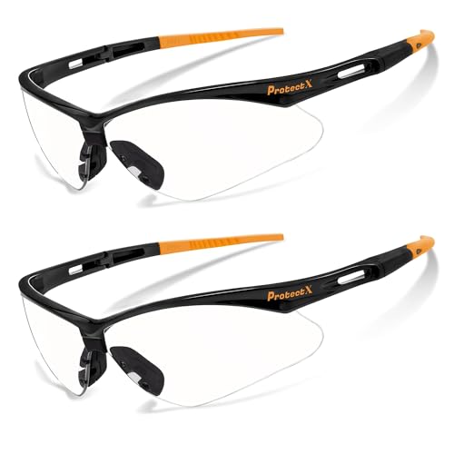ProtectX Safety Glasses for Men & Women, Safety Sunglasses with Anti-Fog Scratch Resistant Lenses, Non-Slip Grips, ANSI Z87.1 - color: Evergreen Orange Tip Clear 2 Pk