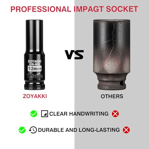 12mm Socket 1/2" Drive Deep 6 Pt CR-MO Metric Impact Socket for Axle Shaft Nut Removal - size: 12mm, style: 1/2" Drive Deep