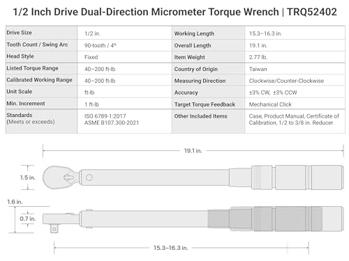 TEKTON 1/2 Inch Drive Micrometer Torque Wrench | TRQ52402 - size: 1/2 in.