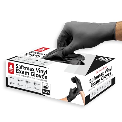 London Labs Black Synthetic Vinyl Exam Gloves Powder Free and Latex Free - size: Medium, style: 100 Count