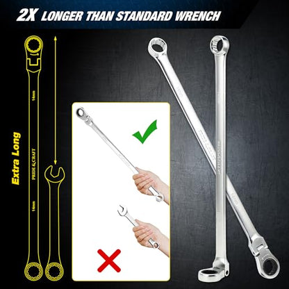 PRIDE&CRAFT Extra Long Ratcheting Wrench 14mm, Metric Flex Head Double Box End, 2X Longer Wrenches, Chrome Vanadium Steel with 90-Tooth Ratchet for Automotive Repair - size: 14mm