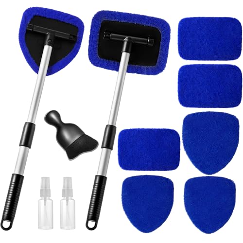 Qydipclin 11pcs Windshield Cleaner Tool, Car Window Cleaning Wash Kit with 6 Reusable Microfiber Pads 2 Spray Bottles and Extendable Handles Auto Glass Wiper Kit, Blue - color: Blue