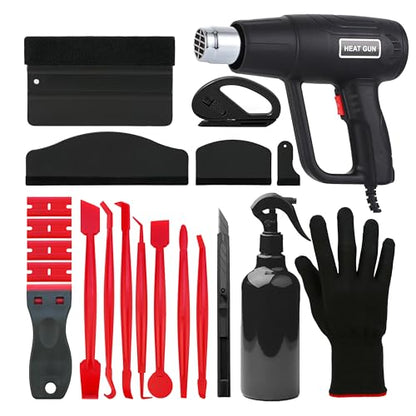 Heat Gun for Vinyl Wrap Tool Kit - 2000W Dual Temp Hot Air Gun for Car Window Tinting, Epoxy Resin, Paint Removal - 21Pc Set with 7 Red Micro Squeegees, Felt Squeegee, Sprayer & Gloves - color: red&black