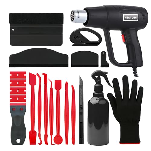 Heat Gun for Vinyl Wrap Tool Kit - 2000W Dual Temp Hot Air Gun for Car Window Tinting, Epoxy Resin, Paint Removal - 21Pc Set with 7 Red Micro Squeegees, Felt Squeegee, Sprayer & Gloves - color: red&black
