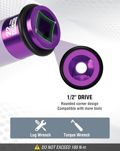 WORKPRO 1/2" Drive Lug Nut Impact Duty Socket, 22mm Deep Thin Wall Socket, Made of Premium Cr-Mo Steel, Non-Marring Lug Nut Wheel Sockets for Car - size: 1/2" DR x 22mm