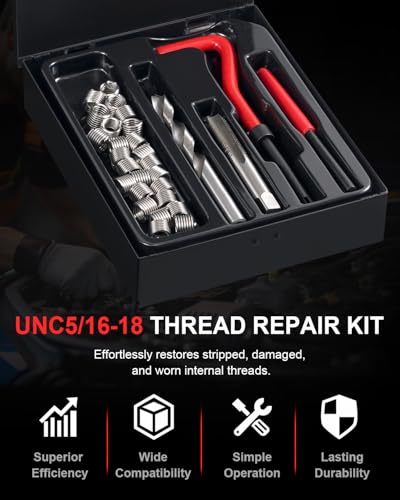 Kolvoii 5/16"-18 Helicoil Thread Repair Kit, SAE UNC 5/16 Inch Standard Helicoil kit with HSS Drill Bit, Tap & Stainless Steel Inserts for Engine, Bolt Thread & Equipment Repair - size: 5/16"-18