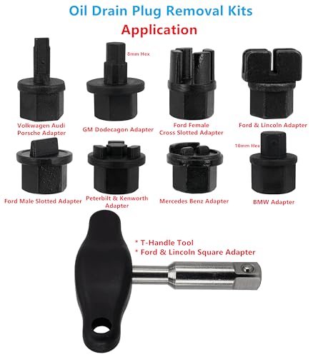 9PCS Oil Drain Plug Removal Kit Compatible with GM VW Ford Audi BMW Chrysler Lincoln with T-Handle Wrench Replace 090-999 DPR350 1320, use for BC3Z6730A, KX6Z-6730-B, 06L103801