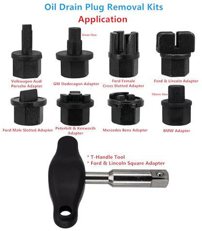 9PCS Oil Drain Plug Removal Kit Compatible with GM VW Ford Audi BMW Chrysler Lincoln with T-Handle Wrench Replace 090-999 DPR350 1320, use for BC3Z6730A, KX6Z-6730-B, 06L103801
