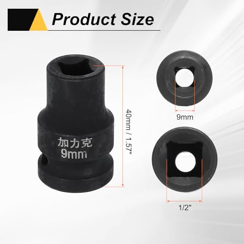 HARFINGTON 3pcs 4 Point Square Socket 1/2" Drive 9mm Metric Square Impact Socket CR-V Blackening Standard Wheel Sleeve Pneumatic Sleeve Tool for Auto Repair Mechanical Maintenance Home Use - size: 9mm
