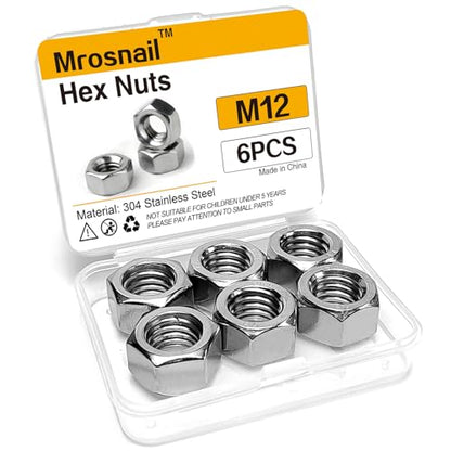 6Pcs M12 Hex Nuts, 304 Stainless Steel Hardware Nuts, Full Thread Hex Drive, for Heavy Machinery, Construction, Automotive Repairs - size: M12 (6 pcs)
