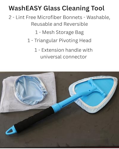 Pro Glass Windshield Cleaner Tool Kit | Extendable 20" Handle, Pivoting Head, 2 Reusable Lint Free Microfibers, Storage Bag, For Auto Windshield, Cars, Trucks, RV's