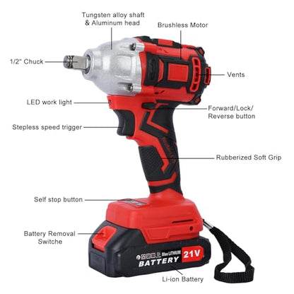 21V Cordless Impact Wrench, Battery-Powered Impact Driver with 520N.m Torque, Brushless Motor, 2 Batteries, 5 Sockets, Accessories, Power Tool for Lugs Nut Removal, Car Repairs, Home Projects Red