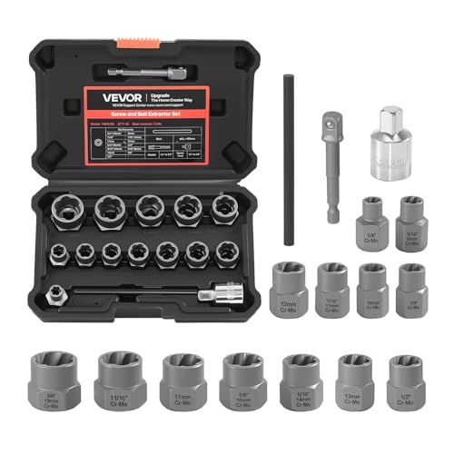 VEVOR Bolt Extractor Kit, 16 Pieces Impact Bolt & Nut Remover Set with Adapters and Pin Punch, Solid Storage Case, Cr-Mo Steel for Removing Damaged, Rusted, Stripped, Rounded Bolts, Nuts and Screws - size: 16 PCS