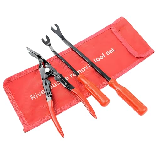 3PCS Car Clip Removal Tool, Auto Trim Upholstery Pry Tool Kit Fastener Rivet Remover with Storage Bag, Door Panel Clip Pliers Set Dashboard Repair Tools for Sedan Truck SUV (Red) - color: Red