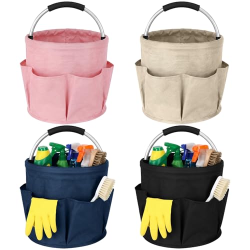 LemonRoad 4 Pack Cleaning Caddy with Handle 17L Foldable Cleaning Supplies Organizer Oxford Cloth Storage Basket with 6 Pockets Portable Multi Bucket Bag for Home Garden (Black,Beige,Navy Blue,Pink) - color: Black,beige,navy Blue,pink