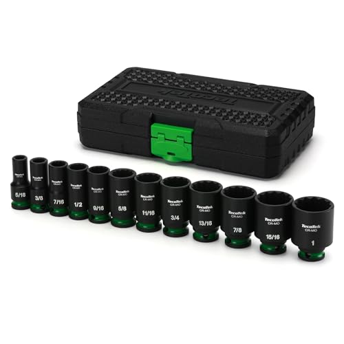 TecoTek 3/8-Inch Drive 12-Point SAE Semi-Deep Impact Socket Set, Mid-Length Socket Set, 5/16-Inch to 1-Inch, CR-MO, Stamped and Ink Filled Size Marking, 12-Piece - size: 5/16-Inch to 1-Inch