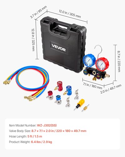 VEVOR AC Manifold Gauge Set for R134a R404A R1234yf R22 Refrigerant, 3 Way AC Gauge with 5 ft Hoses, Adapters, Quick Couplers, Can Taps for Automotive Air Conditioning Maintenance, Charging Evacuation - size: R134a/R404A/R1234yf/R22, style: 3 Way with Box