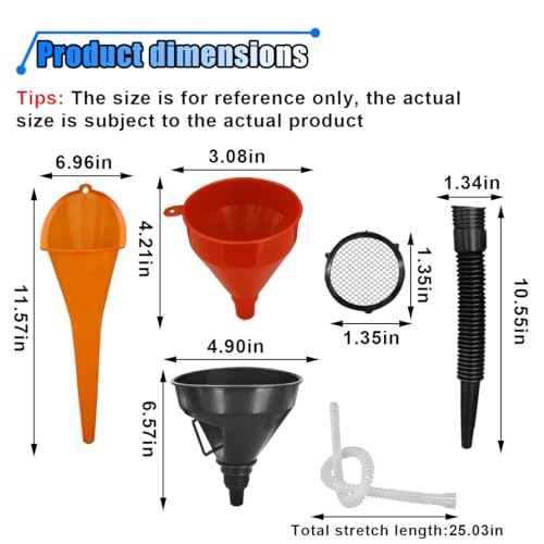 6PCS Car Funnel Set, Flexible Wide Mouth Oil Funnel, Plastic Long Neck Oil Funnels, Car Funnel Accessories for Water Engine Oil Gasoline Coolant, Right Angle Fuel Funnel with Removable Nozzle & Filter