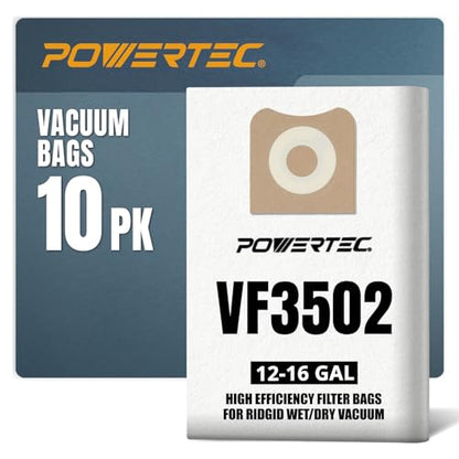 POWERTEC 23743 VF3502 Size A Shop Vacuum Bags for Ridgid 10 Pack, 12-16 Gal. Vacuum Bags for Ridgid HD1200, HD1400 Wet Dry Vac (75002-P5V) - size: VF3502 (Size A), style: 10 Pack