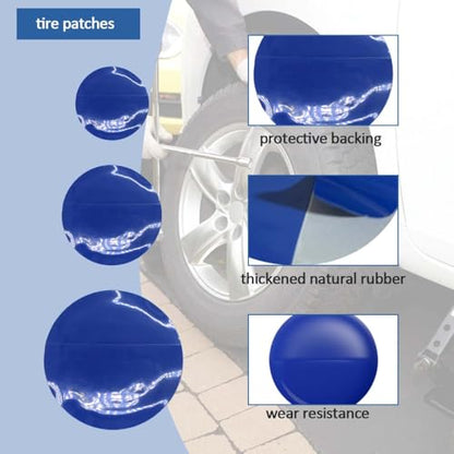 Tire Repair Patch Kit Heavy Duty, 35pcs Tire Repair Tools 42mm Tire Buffing Wheel 32/42/58mm Tire Patches with Tire Patch Roller Inner Liner Scraper for Car Motorcycle Bike Tractors Grinding