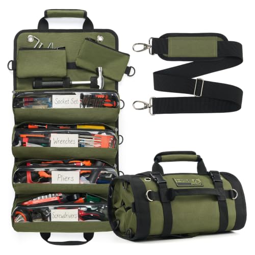 HISEA Roll Up Tool Bag Organizer, 27"*14" Portable Heavy Duty Tool Roll Bag | Motorcycle Tool Roll, Waterproof, with Detachable Pouches, Tool Storage for Mechanic, Electrician, Gifts for Him Dad - color: Green