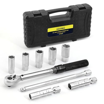 9-Piece Spark Plug Socket Set with 3/8 Inch Drive Click Torque Wrench,72 Tooth 10-45 Ft.Lbs (13.5-61Nm) Torque Wrench Set CR-V Steel Magnetic Swivel Spark Plug Set