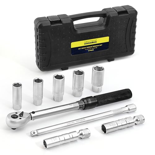9-Piece Spark Plug Socket Set with 3/8 Inch Drive Click Torque Wrench,72 Tooth 10-45 Ft.Lbs (13.5-61Nm) Torque Wrench Set CR-V Steel Magnetic Swivel Spark Plug Set