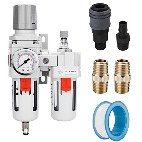 NANPU 3/8" NPT Air Filter Regulator Lubricator Combo, Water Separator | 5-micron brass filter, 0-150 psi gauge, poly bowl, semi-auto drain, 60 SCFM, helps protect tools from moisture and debris - size: 3/8" NPT, style: Semi-Auto Drain