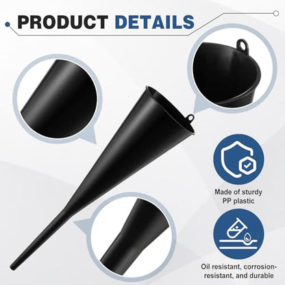 Ripeng 2 Pcs 18” Long Neck Flute Funnel 1/2" Bottom Narrows, Black Long Automotive Gas Funnel with Hanging Ring, PP Plastic, for Engine Transmission Oil Change Car Refueling Automotive Fluid Pouring