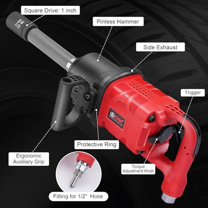 XIIW 1 Inch Air Impact Wrench, Up to 4000 ft-lbs High Reverse Torque | 27.6lbs Lightweight 1'' Impact Gun w/ 9 Inch Extended Anvil and 2 D Handles 3800RPM Pneumatic Impact Wrench for Repairs - size: 1 Inch | 4000 ft-lbs w/9" Extended Anvil