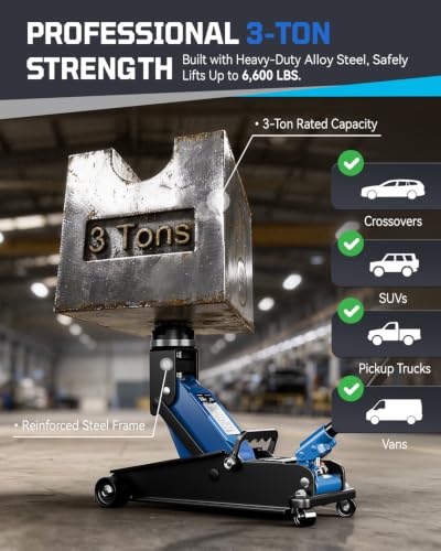 AUTOWN 3 Ton Floor Jack, Alloy Steel Hydraulic Car Jack with Quick Lift & Cross-Shape Rubber Pad, 7.1-20.9 Inch Lifting Range for SUV Truck (6600 lbs)
