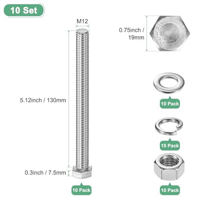 M METERXITY 10-Pack Hex Head Screw Bolt with Nuts Flat & Lock Washers M12x130mm Stainless Steel Bolts and Nuts Kit Fully Threaded Metric Bolt Assortment for Equipment/Machinery - size: M12x130mm