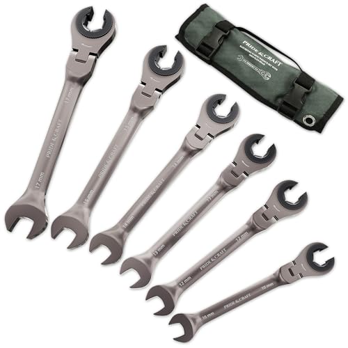 PRIDE&CRAFT 6-Piece Flex-head Ratcheting Wrench Set, Metric 10-17mm Tubing Wrench Set, CR-V Steel, Nickel Plating, Open-head Brake Line Wrench Set with Organizer Pouch - size: 6PC Metric Ratcheting Flex Head