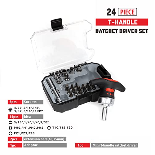 X-Steel 24 in 1 Magnetic Screwdriver, Socket Ratchet Wrench Set, Mini Racheting T-Handle Torx Slotted Phillips Square Screwdriver Set Tools Set with Portable case for Home Dorm - size: 24PCS