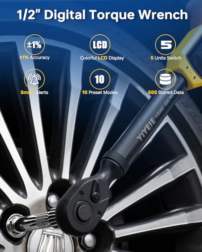 YIYEIE Digital Torque Wrench 1/2" Drive, 8.5-160 Ft-lb/10-220 N.m, ±1% Accuracy, Electronic Torque Tool with Buzzer and LED Alert, 1/2 Torque Wrench Set 8Pcs with Sockets for Motorcycle, Car Repair - size: 8PCS, style: 1/2-Inch (8.5-160 ft.lb)