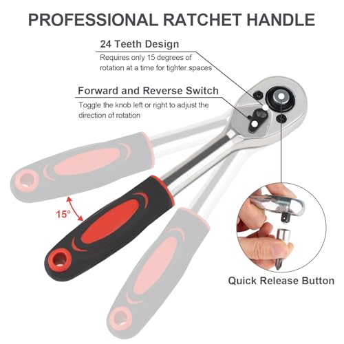 Beaiguna 46PCS Small Drive Socket Ratchet Wrench Screwdriver Set, 1/4 Inch Metric Socket and Ratchet Wrench Set with Extension Bar, Upgrade Compact Tool Set for Car