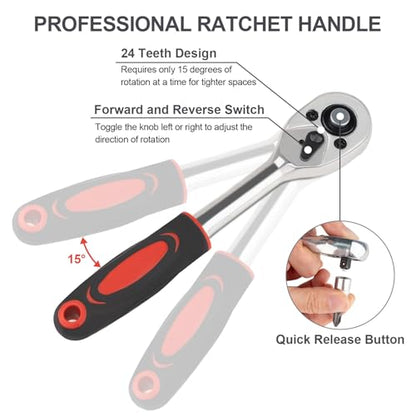 Beaiguna 46PCS Small Drive Socket Ratchet Wrench Screwdriver Set, 1/4 Inch Metric Socket and Ratchet Wrench Set with Extension Bar, Upgrade Compact Tool Set for Car