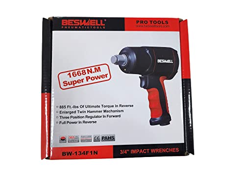 BESWELL BW-134F1N 3/4-Inch Mini Air Impact Wrench - 1230 Ft-Lbs Max Torque | Compact mini pneumatic gun designed for light truck repair, tight engine spaces, and demanding automotive maintenance.