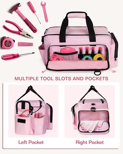 Pink Tool Bag for Women, 16 Inches Tool Storage Organizer Box | Spacious Main Compartment, Wide Opening, Multiple Pockets, Padded Handle, Adjustable Shoulder Strap, Tactical MOLLE Loop