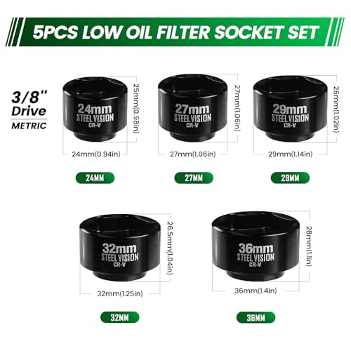 Steel Vision 5-Piece 3/8" Drive Low Profile Oil Filter & Oil Canister Socket Set, Metric 24mm, 27mm, 29mm, 32mm, 36mm, Chrome Vanadium Steel, 6-Point Design, Laser-Etched Markings (Upgraded Style)
