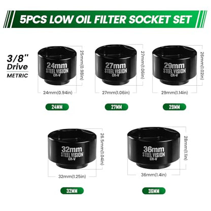Steel Vision 5-Piece 3/8" Drive Low Profile Oil Filter & Oil Canister Socket Set, Metric 24mm, 27mm, 29mm, 32mm, 36mm, Chrome Vanadium Steel, 6-Point Design, Laser-Etched Markings (Upgraded Style)