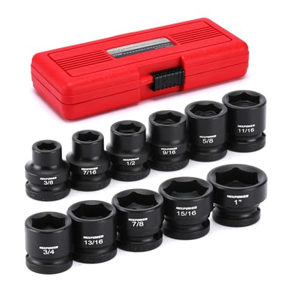 MIXPOWER 11-Piece 1/2" Drive Stubby Impact Socket,CR-MO,3/8"-1",6-Point,SAE,Radius Corner Design, Axle Nut Impact Grade Socket for Easy Removal - size: 1/2" Drive / SAE Set