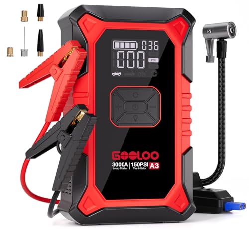 GOOLOO A3 Jump Starter with Air Compressor, 3000A Portable Car Battery Booster (9.0 Gas/6.5L Diesel) with 150PSI Auto-Shutoff Tire Inflator, 12V Supersafe Lithium Jump Box Car Battery Jumper Starter - color: Red