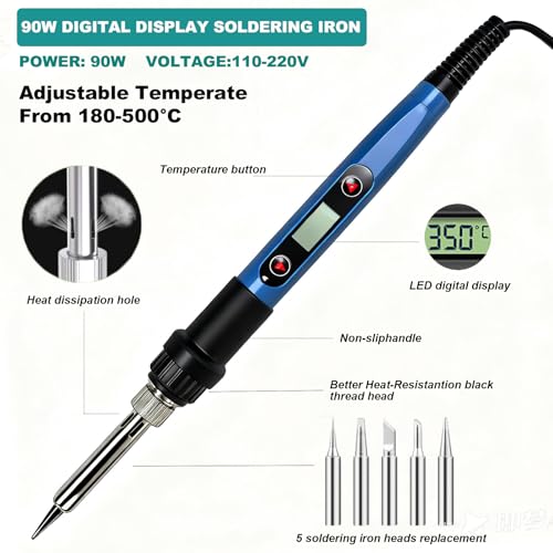 13-in-1 Soldering Iron Kit, 90W Soldering Iron with LED Display & Adjustable Temp, Includes 5 Tips,Desoldering Pump,Stand,Solder Wire,Tweezers, Flux, Soldering Kit for Electronic Repair/DIY