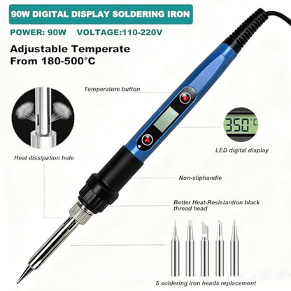 13-in-1 Soldering Iron Kit, 90W Soldering Iron with LED Display & Adjustable Temp, Includes 5 Tips,Desoldering Pump,Stand,Solder Wire,Tweezers, Flux, Soldering Kit for Electronic Repair/DIY
