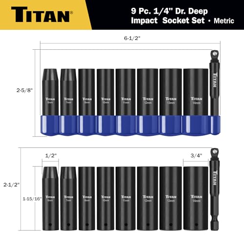 Titan 46401 9-Piece 1/4-Inch Drive Metric Deep Impact Socket Set, 6-Point, Metric Sizes 6 to 14mm - size: 9-Piece Metric Deep, style: 1/4-Inch Drive