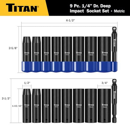 Titan 46401 9-Piece 1/4-Inch Drive Metric Deep Impact Socket Set, 6-Point, Metric Sizes 6 to 14mm - size: 9-Piece Metric Deep, style: 1/4-Inch Drive