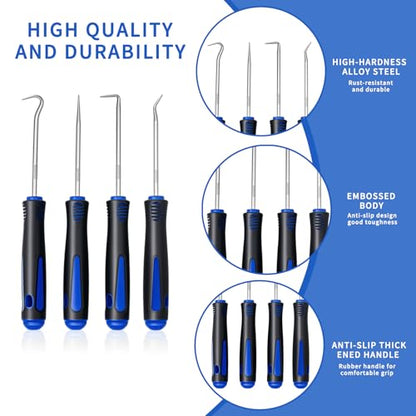4-Piece Precision Hook and Pick Set - Automotive O-Ring Remover & Oil Seal Puller Tool Kit, Mechanic Hand Tools for Gaskets, Springs & Wires, 6.5 Inch Heat-Treated Shafts with Ergonomic Grip(Blue) - color: Blue