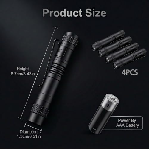 4-Pack Mini Flashlight, Powerful Small Led Pocket Flashlights with Clip | AAA Battery Powered Portable Pen Light for Emergency Repair Camping Walking and Outdoor,3.5" Black(Battery Not Include Short） - size: Short