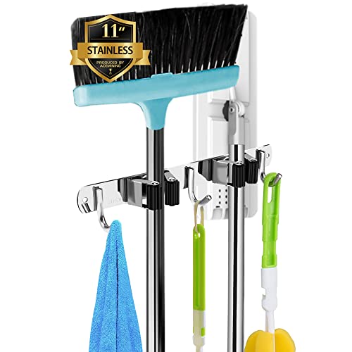 AceMining Broom Holder Wall Mount, 2 Racks 3 Hooks Heavy Duty Mop Organizer | Mop Holder Wall Mount and Broom Hanger for Garage, Laundry Room, Kitchen and Utility Storage - color: 2 Racks & 3 Hooks (Silver) - 1 Pack